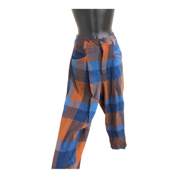 Free People cass brown blue plaid look slouchy midrise tapered trouser pants sz4 - Picture 3 of 13